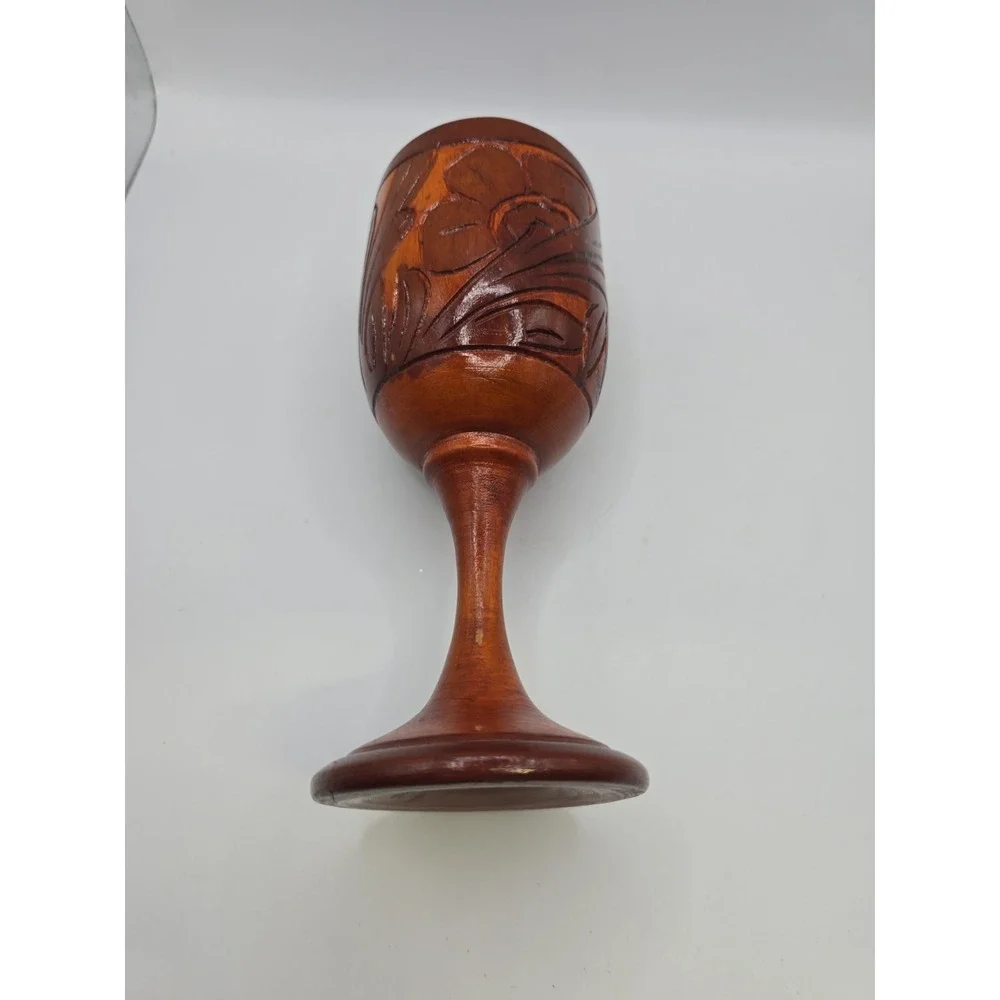 Decorative Hand Carved Design Unique Wooden Wood Wine Drink Cup Goblet 7 1/2